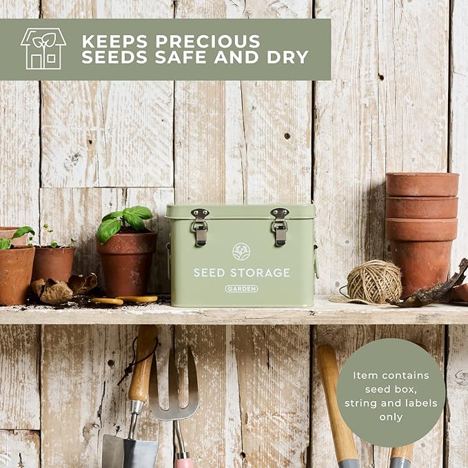 Seed Storage Box – Metal Seed Packet Organizer with Garden String and Bamboo Plant Labels. Seed Container Storage delivering complete Seed Saving Organization for every Garden Lover.