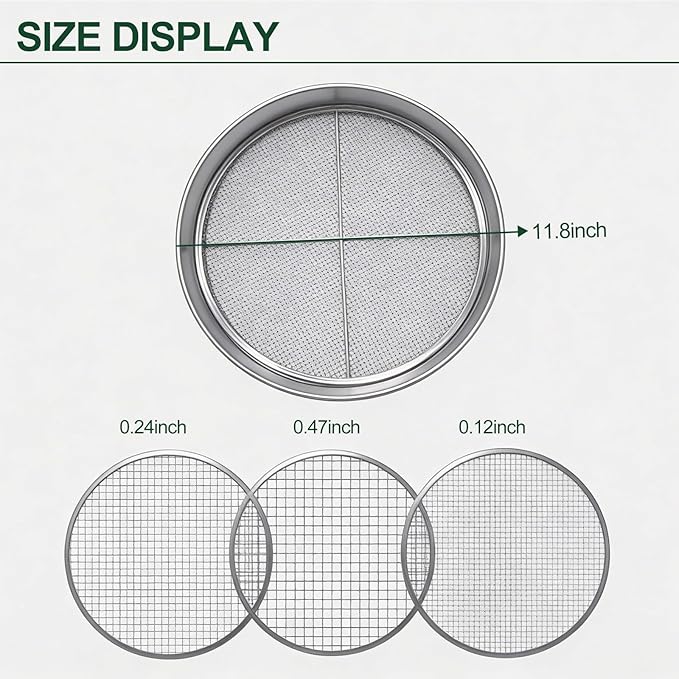 11.8 Inch Garden Soil Sifter Set Dirt Sifter with Interchangeable Screens,Multi-Functional Rock Sifter for Gardening Compost Bonsai and Sand Separation (Silver)
