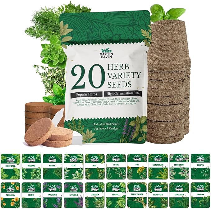 20 HERB Seeds Variety Pack - Complete Grow Kit Culinary Herbs Indoor Outdoors Herb Seeds, Basil, Oregano, Mint, Thyme & More Individually Seed Packets Starter Kit (Complete Starter Kit w/Seeds)