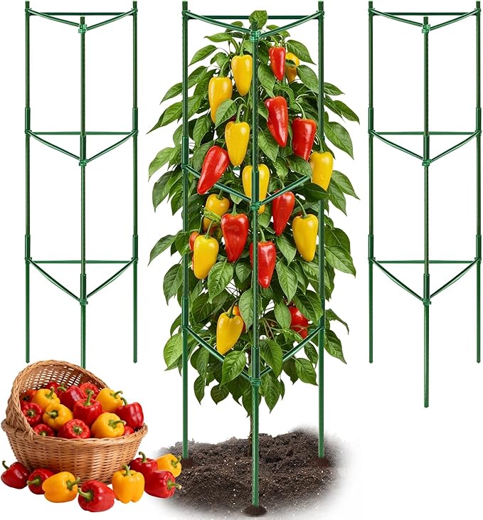 3 Pack Pepper Cages for Garden, 48" Adjustable 1–3 Tier Pepper Plant Support, Heavy Duty Steel Pepper Cage, Rust-Resistant Triangle Frame for Grow Bags, Patio & Raised Beds, Tomato Cage Alternative