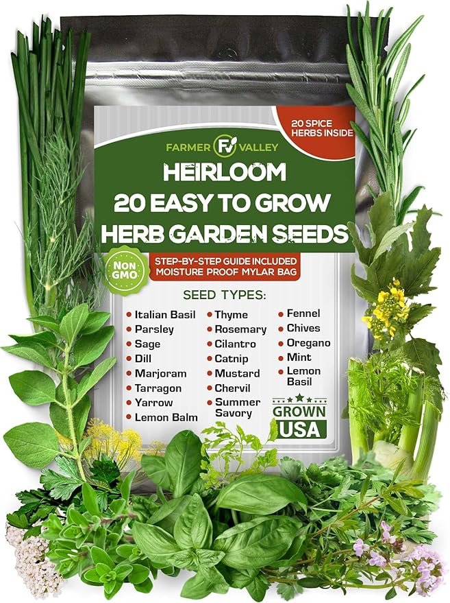 20 Easy to Grow Spice and Herb Seeds for Home Gardening - Kitchen & Culinary Herb Plant Seeds for Indoor, Outdoor, and Hydroponic Growing, Including Basil, Parsley, Rosemary, Mint & More
