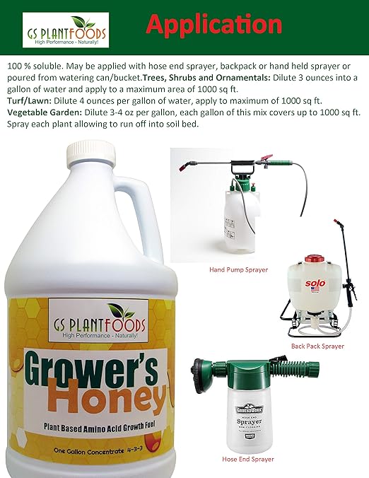 Grower's Honey Exceptional Growth with 100% Plant-Based Vegan Liquid Fertilizer - Organic Nutrient Boost 4-3-3 NPK Enhanced Photosynthesis Drought Tolerance All-Natural - Up to one Acre - One Gallon