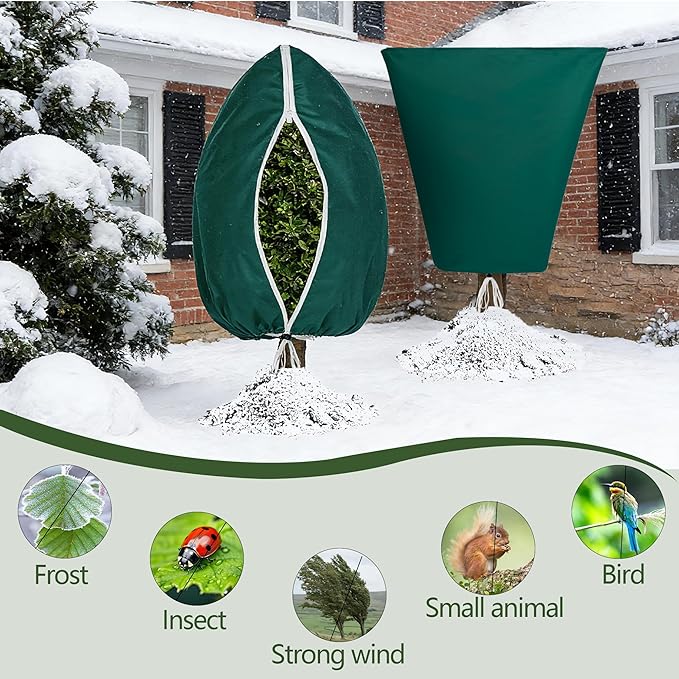 Plant Covers Freeze Protection, 4 Pack Frost Cloth with Zipper Drawstring 32’’×47’’, Reusable Outdoor Protection Jacket for Shrub Tree Potted Plants Winter Cold Weather(Green)