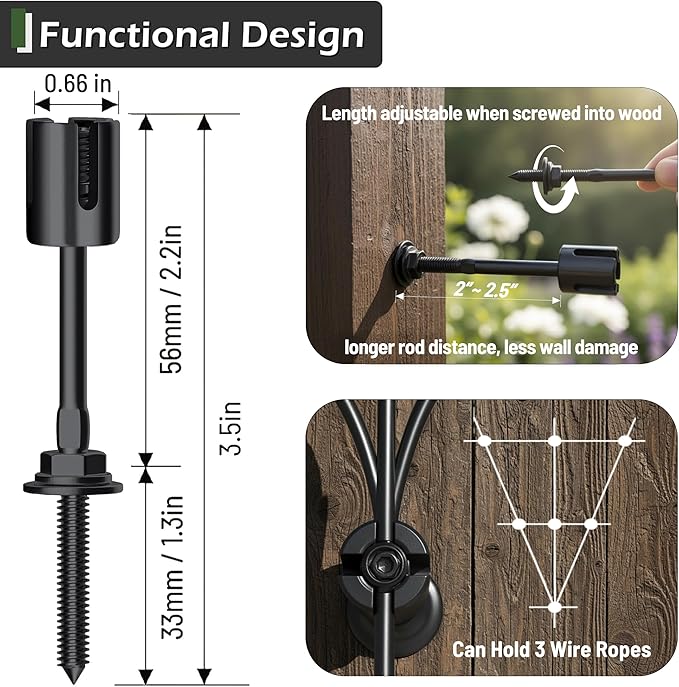 12-Set Black 1/8" Wire Trellis for Climbing Plants Outdoor with 53ft Vinyl Coated Cable, T316 Stainless Steel Wall Wire Trellis Kit