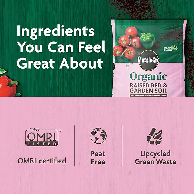 Miracle-Gro Organic Raised Bed and Garden Soil with Quick Release Natural Fertilizer, Peat Free, Feeds Plants Up to 2 Months, OMRI Listed, 1 cu. ft.