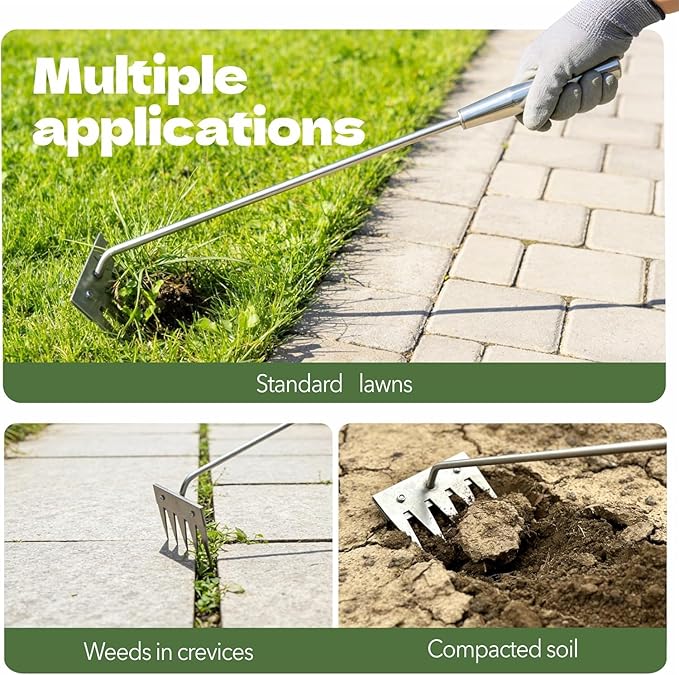 Weed Puller Tool, 2026 Portable Manual Weeding Tools Gardening, 5 Teeth Head Stainless Steel Hand Garden Weeding Rake, Weed Remover Tool for Gardening Backyard Yard Farm Planting Weeding