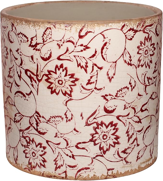 Decorative Planter Cachepot for Indoor Plants & Artificial Flowers, Terracotta Pots Vintage Rustic Ceramic Flower Pots, French Country Style for Bookshelf & Tabletop Home Decor, Gift (Burgundy)