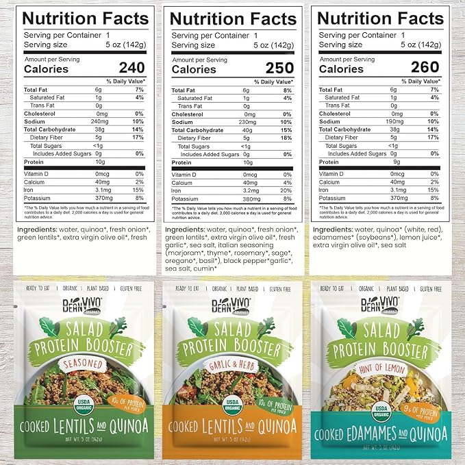 BeanVIVO - Variety 3 Pack Salad Protein Boosters - Seasoned, Garlic & Herbs, Edamame - Delivering a burst of taste and 10g of protein-packed goodness in every pouch 5oz pouches each