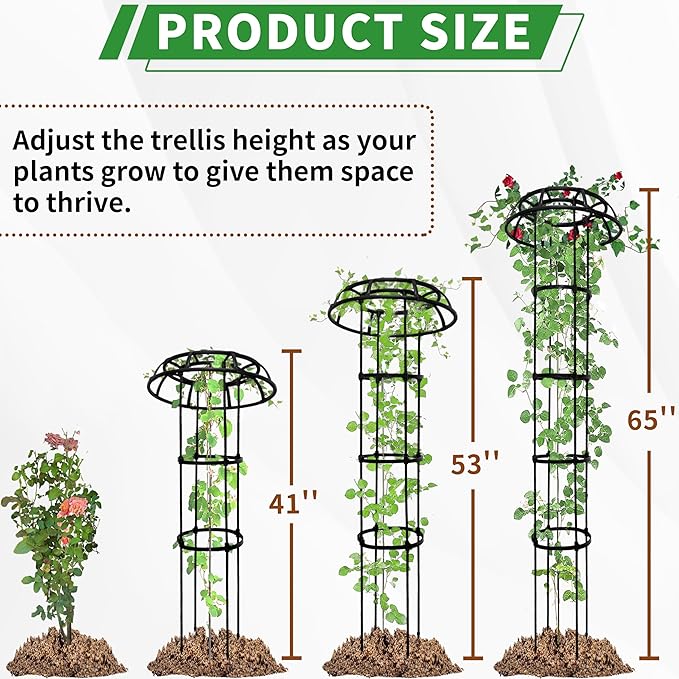 1 Pack Umbrella Trellis for Climbing Plants, 65 Inch Tall Adjustable Plant Support for Outdoor Indoor Garden, Sturdy Metal Core with Plastic Coating, Black