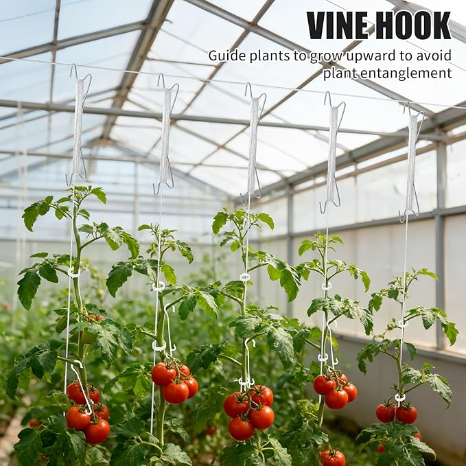30pcs Tomato Support Hooks with 60pcs Tomato Clips, J Hooks to Prevent Tomatoes from Pinching or Falling Off, Garden Hooks with 33.3ft Twine, Plant Climbing Hooks for Tomatoes Cucumber