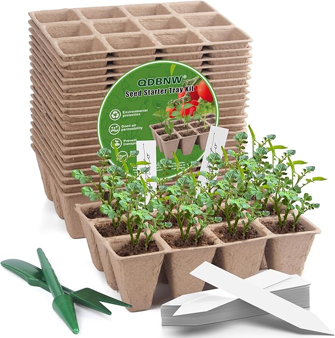 QDBNW 240 Cells Seed Starter Tray Kit, Biodegradable Peat Pots for Seedlings Trays, Plant Starter Seed Germination Kit with 40 Labels and 2 Transplant Tools (20, 240 Cells)