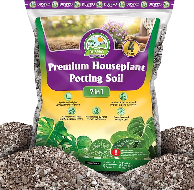 DUSPRO Recycle 4QRT Pre-Mixed House Plant Potting Mix 7in1 with Potting Soil Indoor Plants, Tropical Indoor Potting Soil with Pine Bark, Pumice, Coco Coir, Perlite, Worm Castings, Gypsum, Peat Moss