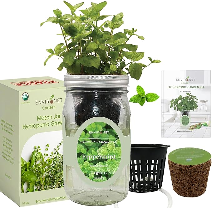 Hydroponic Herb Growing Kit, Self-Watering Mason Jar Herb Garden Starter Kit Indoor, Grow Your Own Herbs from Seeds (Peppermint)