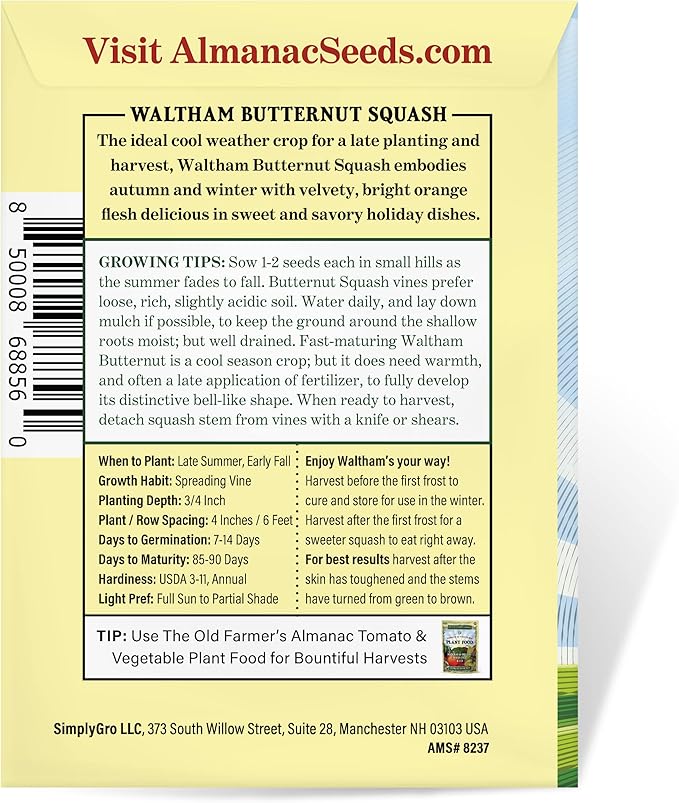 The Old Farmer's Almanac Heirloom Winter Squash Seeds (Waltham Butternut) - Approx 40 Seeds - Non-GMO, Open Pollinated, USA Origin