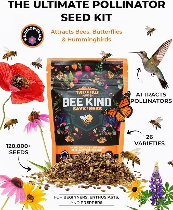 Tactiko Garden 26 Wildflower Seeds Mix, 120,000+ 4 oz Save The Bees Wildflower Garden Seeds, Annual & Perennial Pollinator Seeds to Attract Bees, Butterflies & Hummingbirds, Up to 600 sq ft Coverage