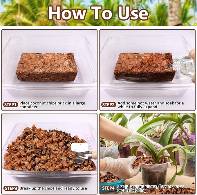 Legigo 4 Pack Coco Coir Chips for Plants- 4.4 LB 100% Organic Coconut Chips Brick Potting Mix with Low EC & PH Balance, Coconut Husk Substrate Coco Husk Mulch for Garden, Planting, Orchid and Soil Mix