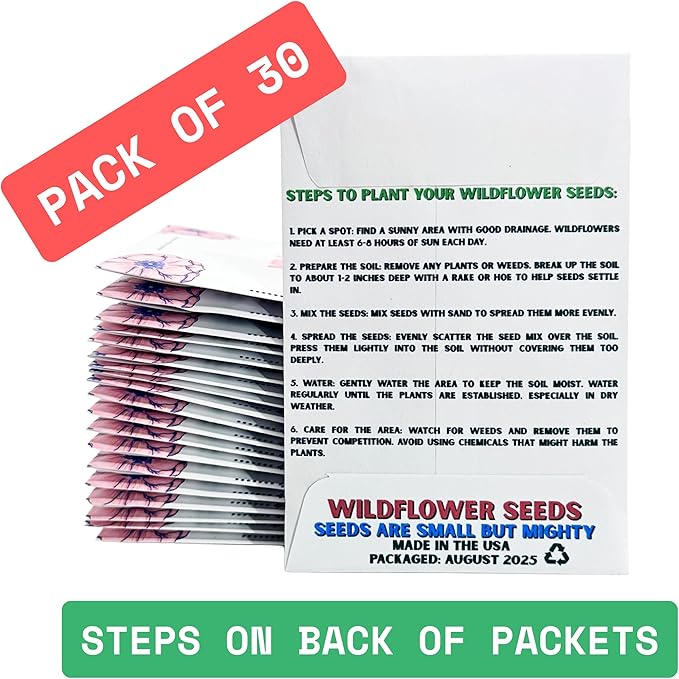 Wildflower Seed Packets Pollinator Mix Party Favors (Pack of 30) - Bee Friendly & Pollinator Wildflower Seed for Planting Gardening