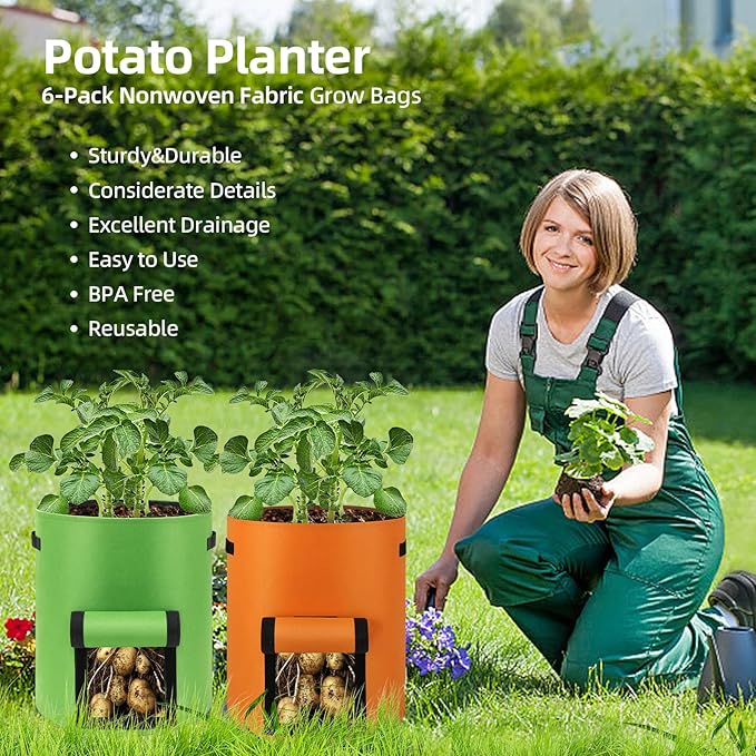 6 Pack 10 Gallon Potato Grow Bags, Thickened Nonwoven Fabric Planting Bags with Flap for Growing Tomatoes, Fruits, Herbs, Orange