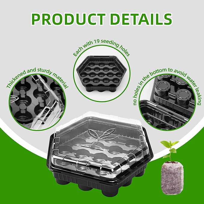 Seed Starter Kits with Peat Pellets Pod, 19 Cell Seed Starter Tray with Heightened Lid,Thicken Seed Starting Trays Seed Growing Plant Germination Kit (Black -5pack)