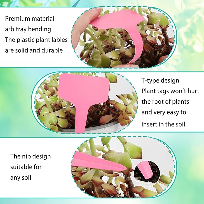 Plant Labels Tags 200Pcs T-Type Plant Markers Plastic Plant Label Tags Garden Labels Tags Plant Labels for Outdoor Garden Waterproof Plant Label Identification Stakes with Permanent Marking Pen (Pink)