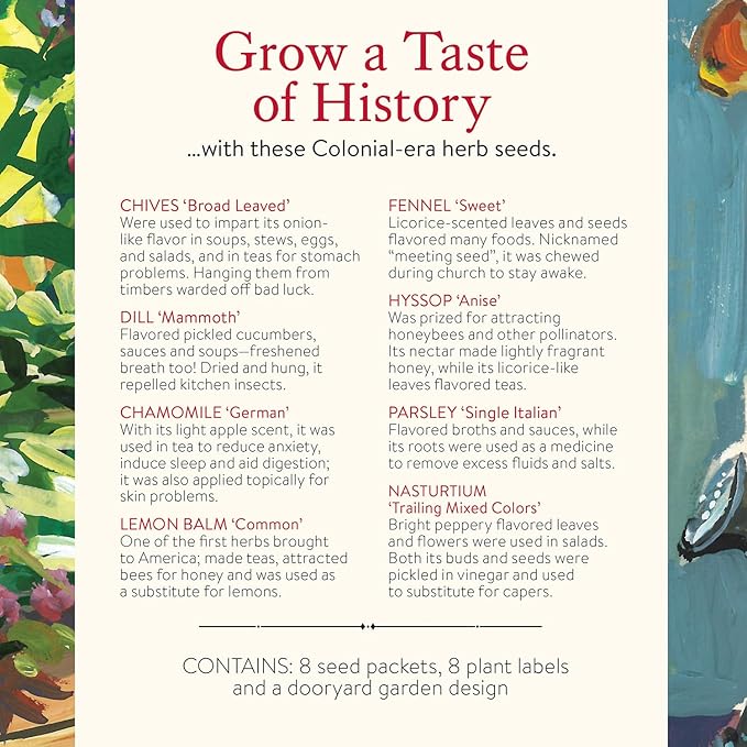 Burpee 'A Colonial Dooryard Herb Garden' – Heritage Kitchen Herb Starter Kit with 8 Non-GMO Seeds, Plant Labels & Dooryard Garden Design Card