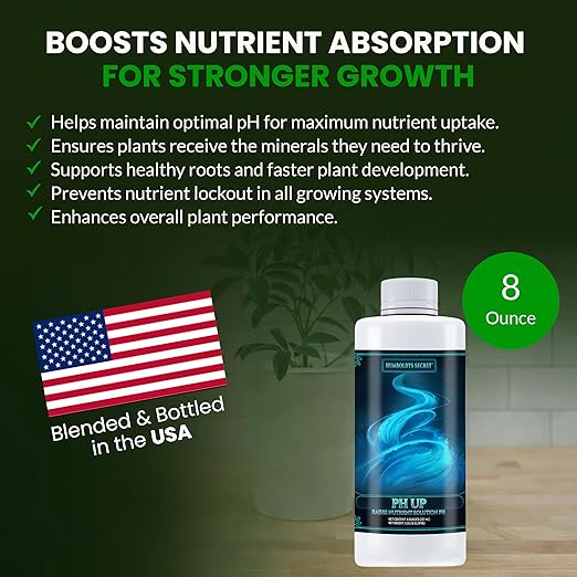 Humboldts Secret pH Up for Plants | Hydroponics and Soil pH Adjustment | Concentrated Potassium Hydroxide Formula | Raises Nutrient Solution Levels for Strong Root Growth and Stability | 8 Ounce