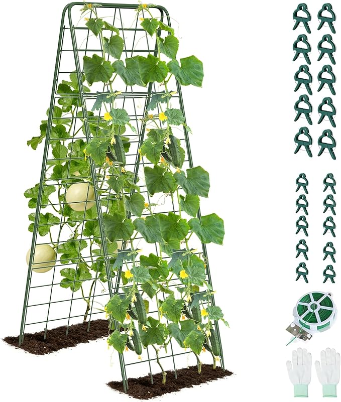 Heavy Duty A-Frame Metal Garden Trellis for Climbing Plants, 50"x17" Inch Tall Plant Support with Clips & Garden Ties for Cucumbers, Squash, Beans & Vines (1)