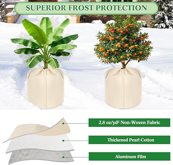 2 Pcs Plant Pot Covers, Winter Plant Pot Covers Freeze Protection, 17.7" x19.7" Flower Pot Protection Bag with Drawstring and Zipper, Reusable Garden Plant Flower Pot Cover for Keeping Warm