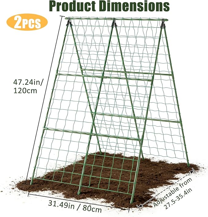 Miory Cucumber Trellis, 2 Pack A-Frame Trellis for Raised Bed, Garden Trellis for Climbing Plants Outdoor, Plant Support for Vegetables Vines, Steel with PE Coated (32" Lx48 H)