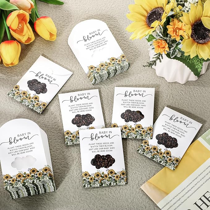 Fumete 50 Pack Baby in Bloom Seed Packets Baby Shower Party Favor for Guest Envelopes Kraft with Clear Window Resealable Seed Organizer Storage Bag for Gender Reveal Party, No Seeds(Sunflower)