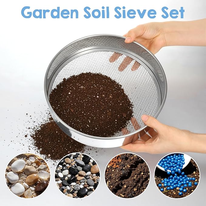 4 PCS Sifter for Rocks, 10 Inch Soil Sifter for Gardening with 3, 6, 9, 12 mm Stainless Steel Sifting Screen Round Rock Crusher for Sifting Sand, Soil, Stones Compost and Cat Litter