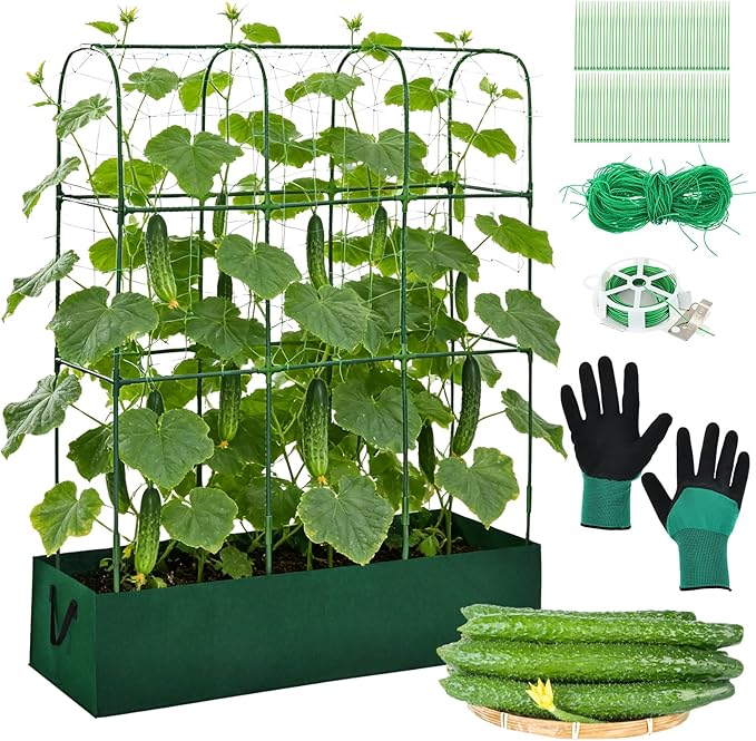Cucumber Trellis with Raised Garden Bed Metal U-Frame Plant Support with Grow Bags and Climbing Net Garden Trellis for Climbing Plants Cucumber Vegetable Tomato Grape Pea, 50.4 × 17.7 × 51.2 Inch