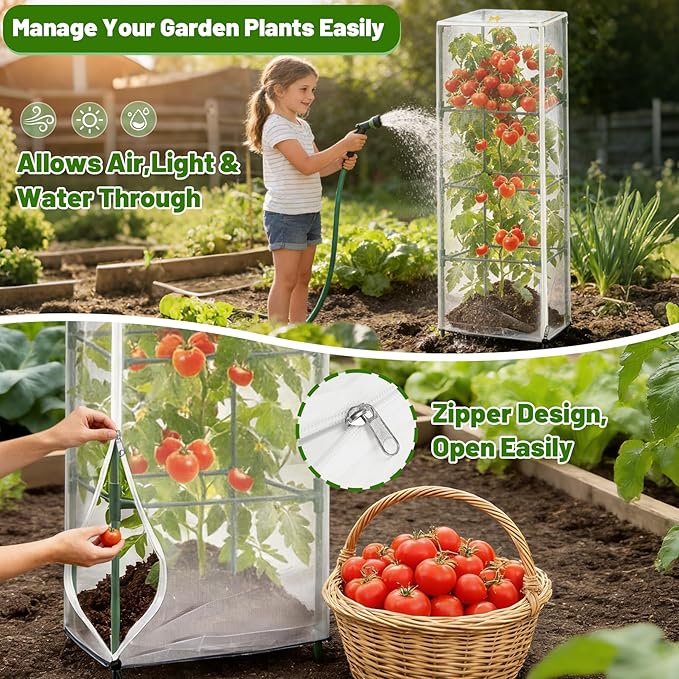 6 Pack 47.2 * 16.9 * 16.9inch Plant Cover for Square Tomato Cage,Tomato Trellis Mesh Netting Covers with Zipper Drawstring Bird Netting for Garden Protection