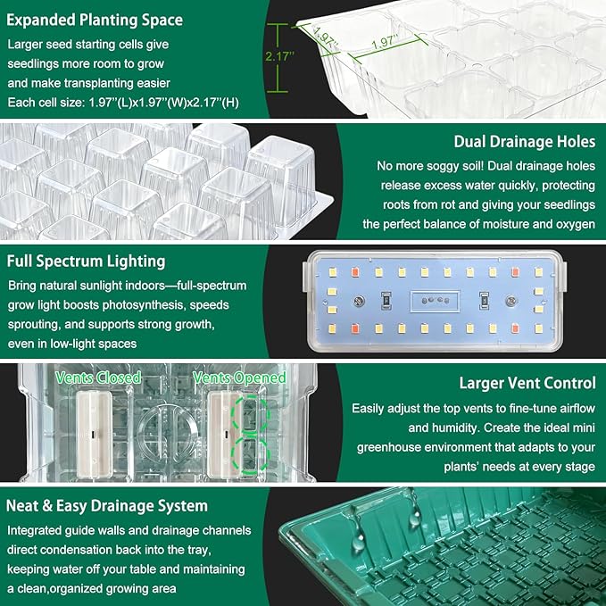 Seed Starter Trays with Grow Lights and Heat Mat, 2 Pack Seed Starter Kit with Humidity Dome and Timing Controller, Adjustable Vent and Brightness, Ideal Germination Tray for Seed Starting and Growing