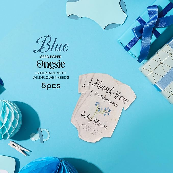 Seed Bloom Onesie Seed Paper – 5 Blue Shower Favors for Guests with Wildflower Seeds, Writable & Plantable, Shower Favor Gifts for Guest