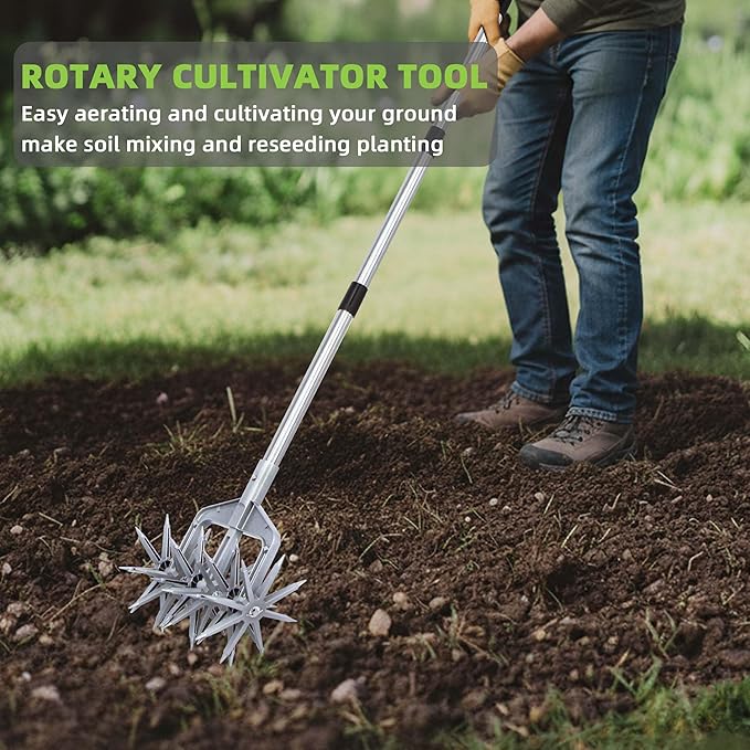 Rotary Cultivator, Adjustable Hand Tiller Garden Tool with Detachable Solid Metal Tines for Loosing and Mixing Soil,2-in-1 Manual Tiller Garden Cultivator for Reseeding Grass 58 Inch