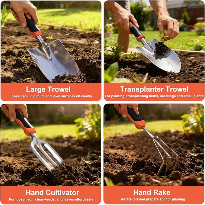 Yesker Gardening Tools 9-Piece Heavy Duty Garden Tool Set Gardening Supplies Gifts for Women Men Gardening Hand Tool Kit with Non-Slip Ergonomic Handle, Garden Bag, Durable Gloves and Shears, Orange