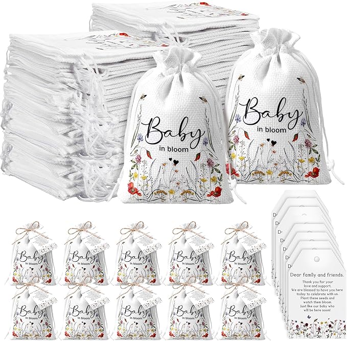 Fumete 50 Sets Wildflower Baby Shower Seed Packets Party Favors for Guests Baby in Bloom Favors Decorations Burlap Bags with Drawstring Thank You Cards and Twine, No Seeds (Bloom)
