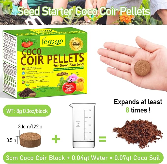 Legigo 200 Pcs 30mm Coco Coir Pellets Seed Starter Soil Mix- Organic Coconut Coir Potting Soil Pods for Seedling, Coco Peat Soil Discs for Indoor & Outdoor Plants Bonsai Herbs Vegetables and Flowers