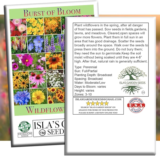 Burst of Bloom Wildflower Seeds Mix – 2500+ Non-GMO & Heirloom Seeds, Attracts Butterflies & Hummingbirds, Annual & Perennial Blend for Pollinator Gardens, by Isla’s Garden Seeds