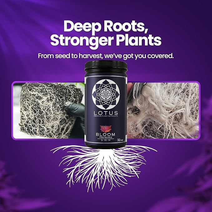 Lotus Nutrients Bloom Pro Series, Water Soluble Hydroponic Plant Food for Flowering and Fruiting, 14+ Ingredient Powder with 100% Chelated Micronutrients and Amino Acids, Coco Coir, Hydro, Soil (32oz)