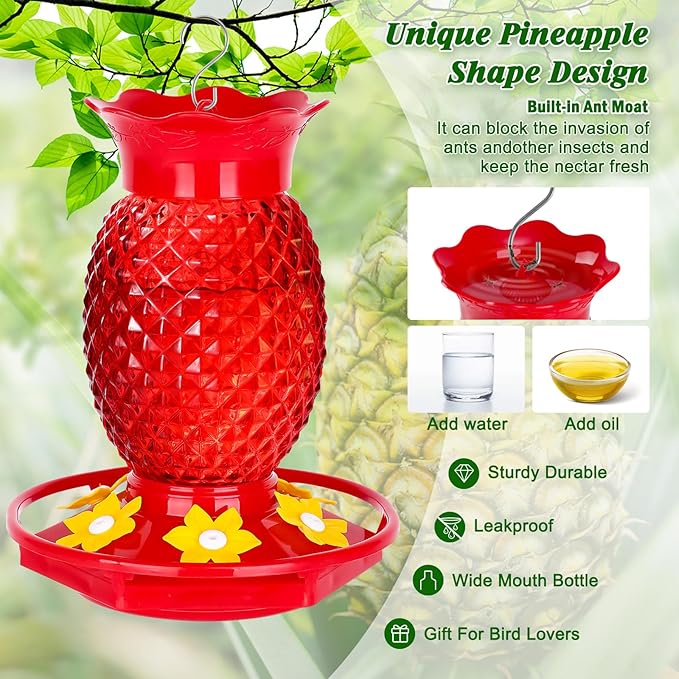 Fchstaer Glass Hummingbird Feeders for Outdoors Hanging Ant and Bee Proof 16OZ 1 Pack Red Pineapple Humming Bird Feeder with 6 Feeding Ports and Ant Moat Hummingbird Gifts for Women Garden Decor