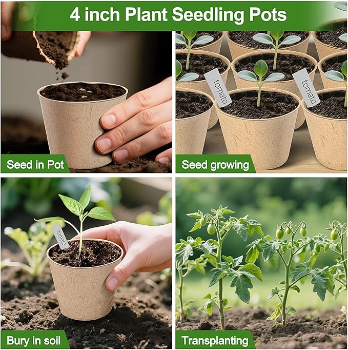 ARGCONNER Peat Pots, 60 Pack Plant Starter Round Nursery Pot with Drainage Holes, Garden Germination Seedling Pots with 30 Plant Labels (4 Inch)