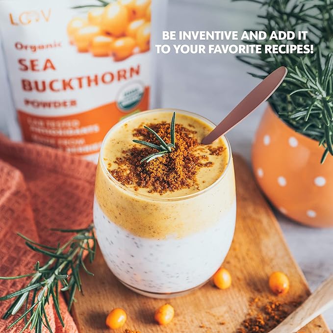 LOOV Organic Sea Buckthorn Berry Powder, High in Fiber, Omegas, Vitamin C, Vitamin E, Made from Whole Berries, 4 Oz, Grown in Nordic Climate, 23-Day Supply, No Added Sugar, Non-GMO