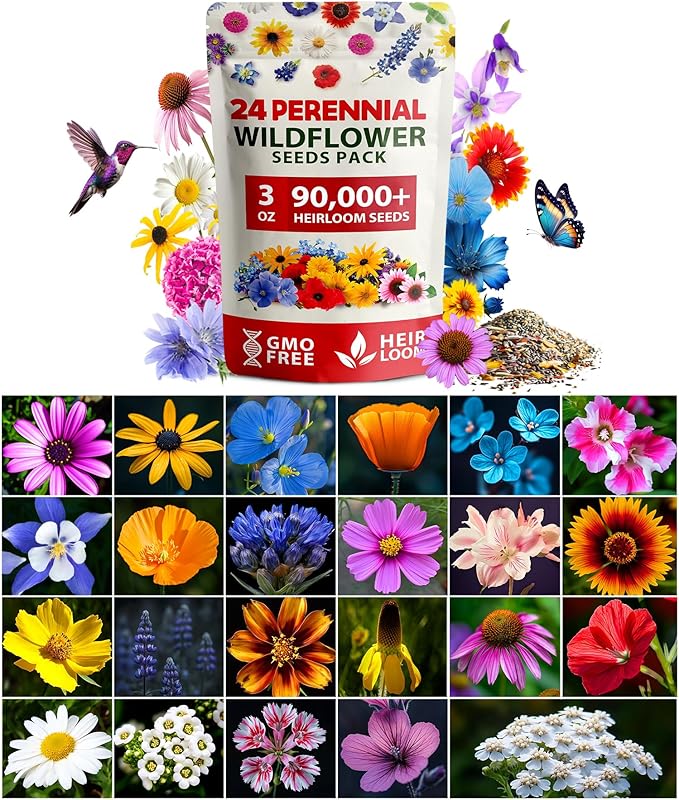 HOME GROWN 90,000+ Wildflower Seeds Mix 3oz 24 Varieties Non-GMO Perennial Flower Seeds for Planting Outdoors Butterfly & Pollinator Flower Mix Attract Bees Birds & Hummingbirds