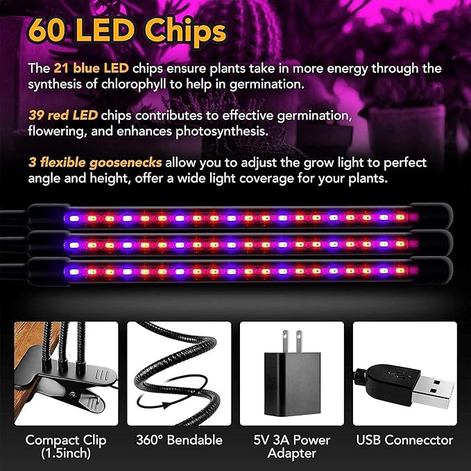 iPower LED Grow Light with Full Spectrum for Indoor Plants, Adjustable Gooseneck, 2/3 Light Modes&5/10 Dimmable Levels, 3 Auto Timing Modes, 3 Tubes, Red&Blue