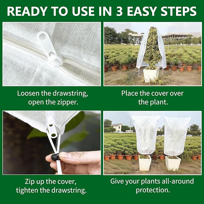 Spring Plant Covers Wind and Frost Protection, Reusable & Breathable Non-Woven Fabric Plant Covers with Zipper Drawstring to Protect Trees, Garden Flower, 5 Pack, White, 31.5" x 47.3"
