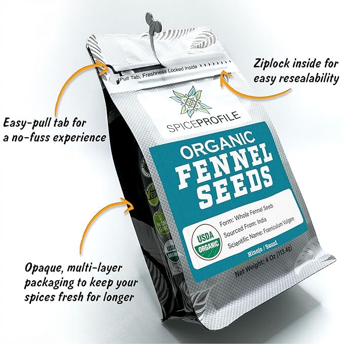 Spice Profile | USDA Organic Fennel Seeds (Whole) | Resealable 4oz Pouch | Saunf | Perfect for Cooking, Teas, Smoothies & Lattes | Sweet & Aromatic