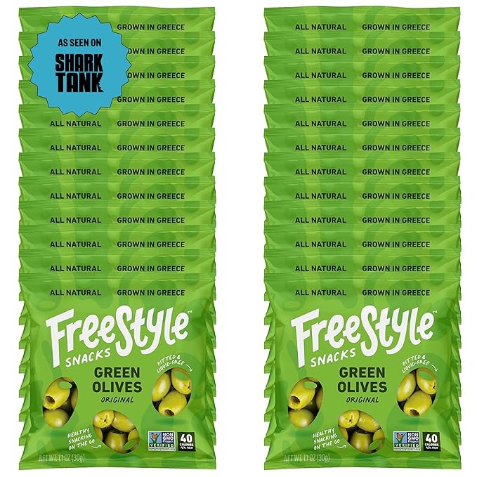 Freestyle Snacks Olive Snack Packs - Single Serve - Fresh Pitted Green Olives, Jumbo-Sized, Grown in Greece, All Natural, Non-GMO, Paleo, Sugar-Free, Keto, Salty Snack - Original, 1.1oz (24 Pack)