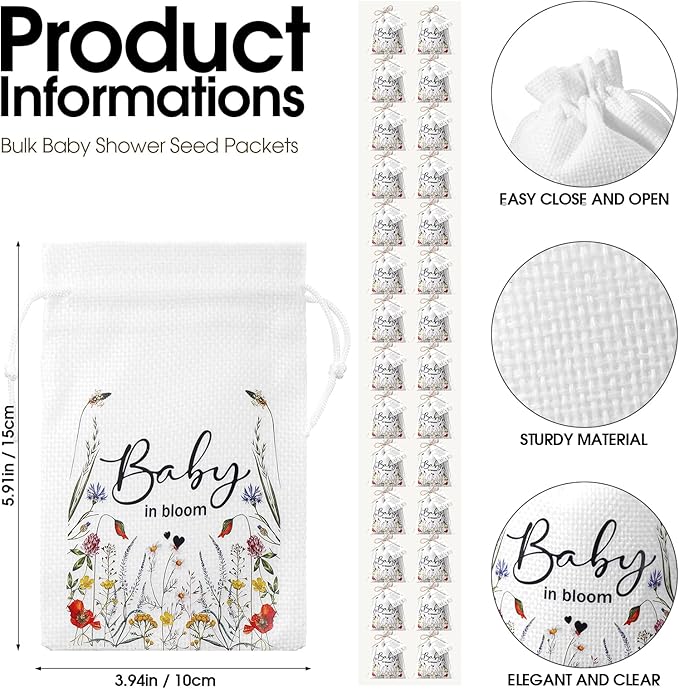 Fumete 50 Sets Wildflower Baby Shower Seed Packets Party Favors for Guests Baby in Bloom Favors Decorations Burlap Bags with Drawstring Thank You Cards and Twine, No Seeds (Bloom)